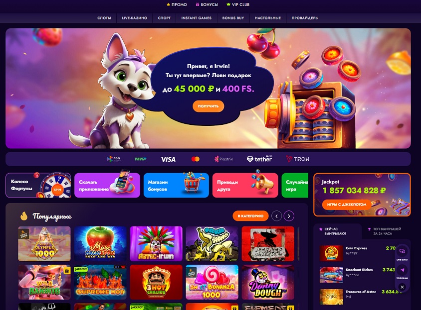 Главная страница Irwin casino